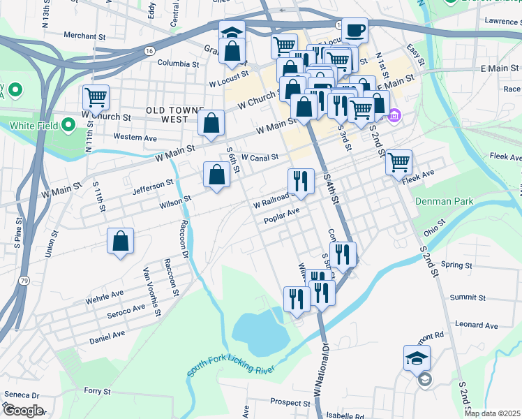 map of restaurants, bars, coffee shops, grocery stores, and more near 145 West Railroad Street in Newark