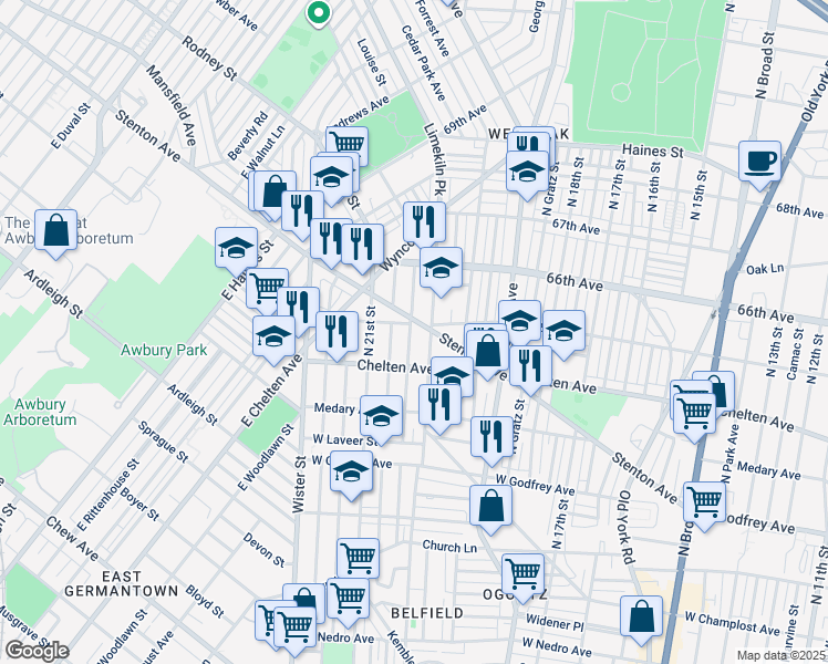 map of restaurants, bars, coffee shops, grocery stores, and more near 2048 West 65th Avenue in Philadelphia