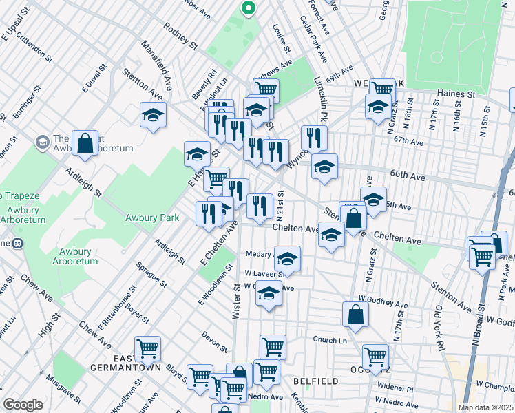 map of restaurants, bars, coffee shops, grocery stores, and more near 6439 North Beechwood Street in Philadelphia