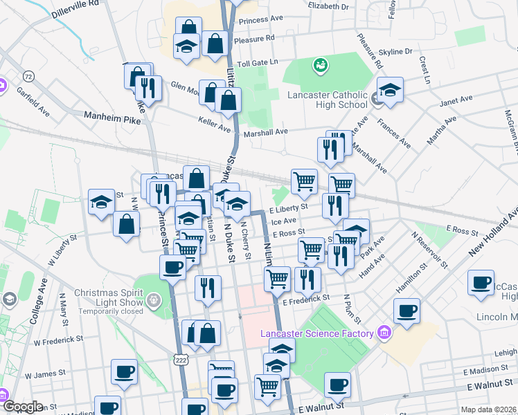 map of restaurants, bars, coffee shops, grocery stores, and more near 1017 Lititz Avenue in Lancaster