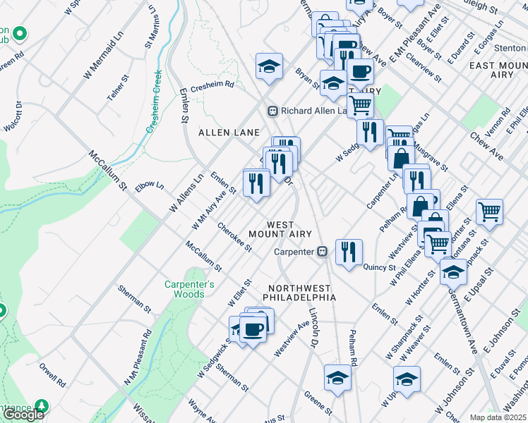map of restaurants, bars, coffee shops, grocery stores, and more near 7037 Emlen Street in Philadelphia