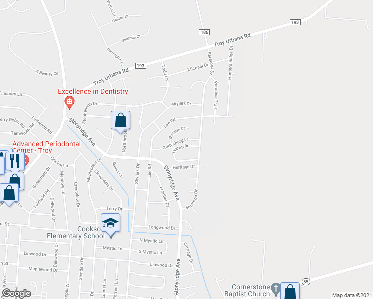map of restaurants, bars, coffee shops, grocery stores, and more near 1275 Hilltop Drive in Troy