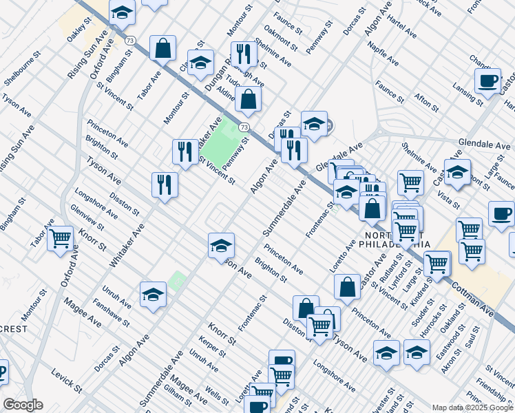 map of restaurants, bars, coffee shops, grocery stores, and more near 1114 Saint Vincent Street in Philadelphia