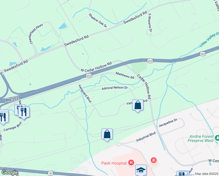 map of restaurants, bars, coffee shops, grocery stores, and more near Admiral Nelson Drive in Malvern