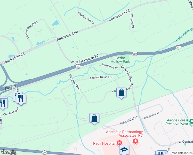 map of restaurants, bars, coffee shops, grocery stores, and more near Admiral Nelson Drive in Paoli
