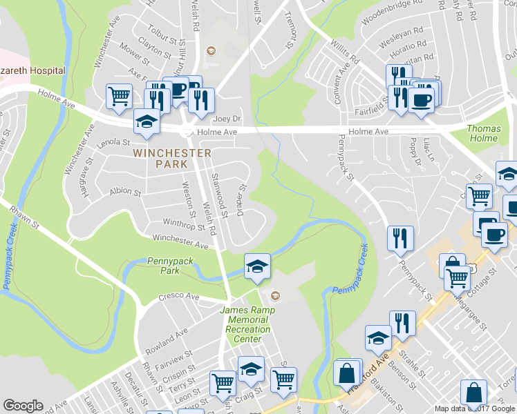 map of restaurants, bars, coffee shops, grocery stores, and more near 8232 Wilson Street in Philadelphia