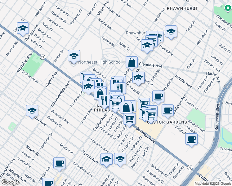 map of restaurants, bars, coffee shops, grocery stores, and more near 7339 Elgin Street in Philadelphia