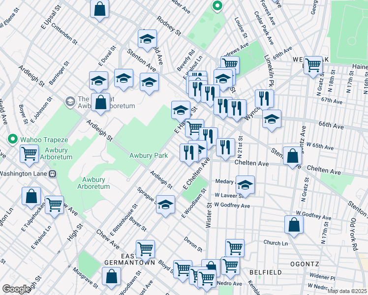 map of restaurants, bars, coffee shops, grocery stores, and more near 5823 Stockton Road in Philadelphia