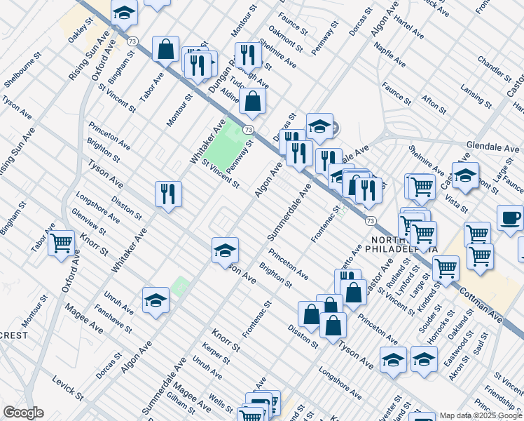 map of restaurants, bars, coffee shops, grocery stores, and more near 1114 Saint Vincent Street in Philadelphia