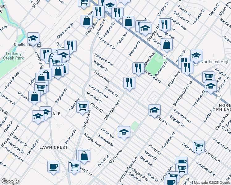 map of restaurants, bars, coffee shops, grocery stores, and more near 829 Disston Street in Philadelphia