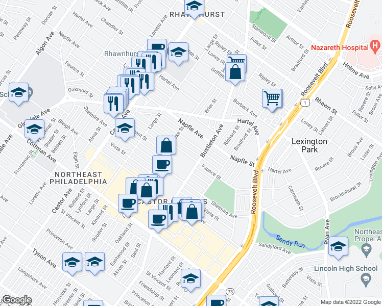 map of restaurants, bars, coffee shops, grocery stores, and more near 2243 Faunce Street in Philadelphia