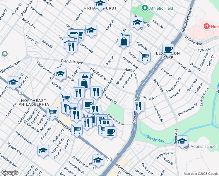 map of restaurants, bars, coffee shops, grocery stores, and more near 7600 Bustleton Avenue in Philadelphia