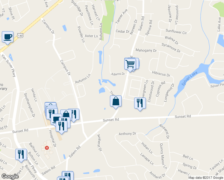 map of restaurants, bars, coffee shops, grocery stores, and more near 32 Theo Court in Burlington