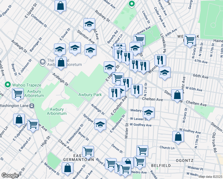 map of restaurants, bars, coffee shops, grocery stores, and more near 5823 Stockton Road in Philadelphia
