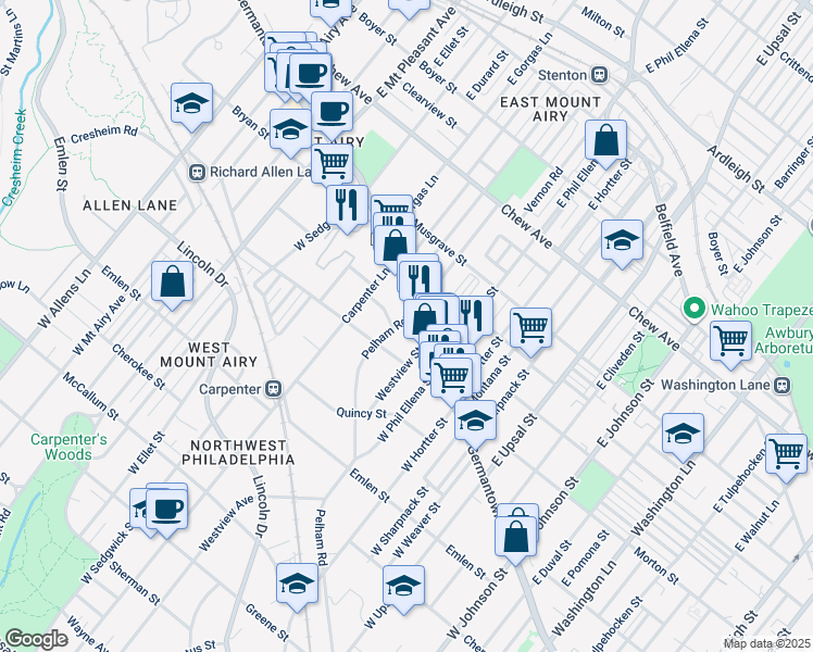 map of restaurants, bars, coffee shops, grocery stores, and more near 12 Pelham Road in Philadelphia