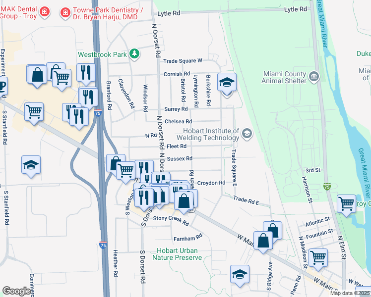 map of restaurants, bars, coffee shops, grocery stores, and more near 1414 Fleet Road in Troy
