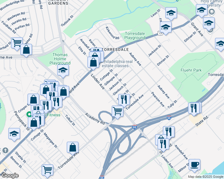 map of restaurants, bars, coffee shops, grocery stores, and more near 9215 Jackson Street in Philadelphia