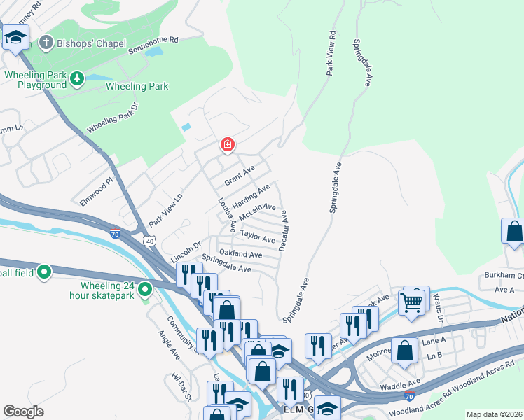 map of restaurants, bars, coffee shops, grocery stores, and more near 116 McLain Avenue in Wheeling