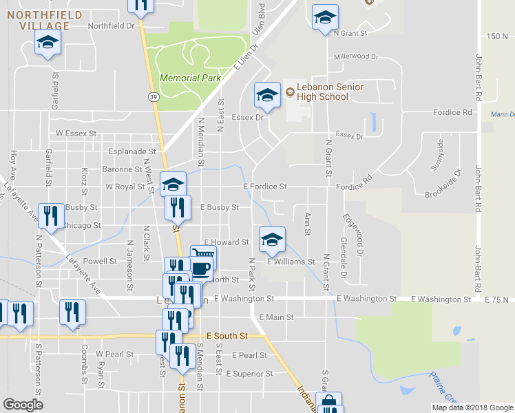 map of restaurants, bars, coffee shops, grocery stores, and more near 631 North Park Street in Lebanon