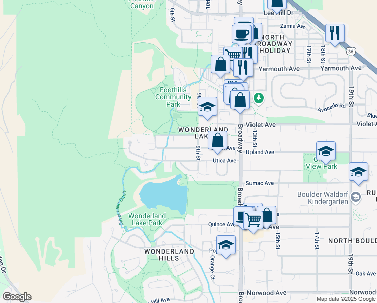 map of restaurants, bars, coffee shops, grocery stores, and more near 865 Utica Avenue in Boulder