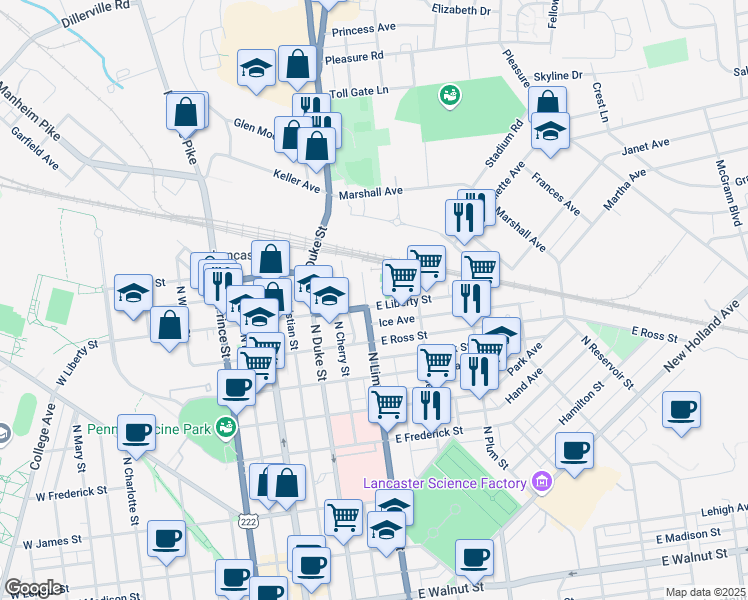 map of restaurants, bars, coffee shops, grocery stores, and more near 219 East Liberty Street in Lancaster