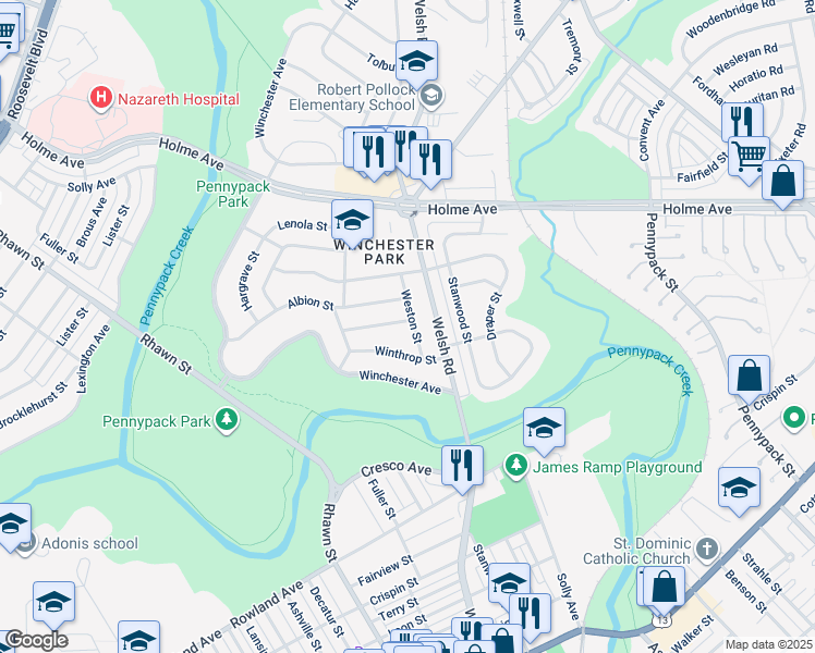 map of restaurants, bars, coffee shops, grocery stores, and more near 3164 Weston Street in Philadelphia