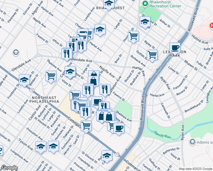 map of restaurants, bars, coffee shops, grocery stores, and more near 2241 Faunce Street in Philadelphia