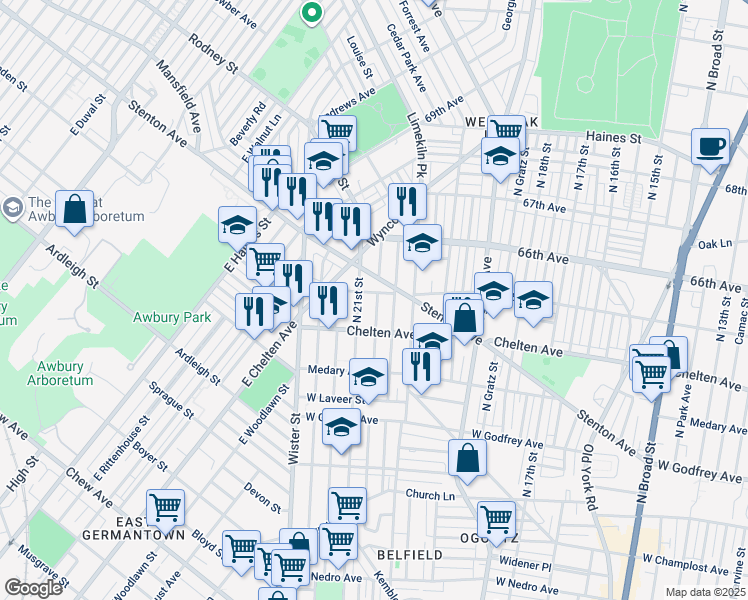 map of restaurants, bars, coffee shops, grocery stores, and more near 2076 West 65th Avenue in Philadelphia
