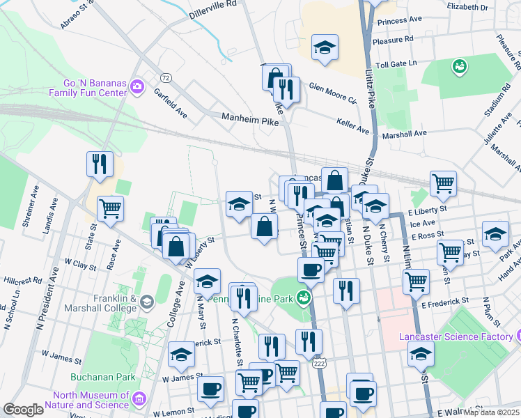 map of restaurants, bars, coffee shops, grocery stores, and more near 225 Jackson Street in Lancaster