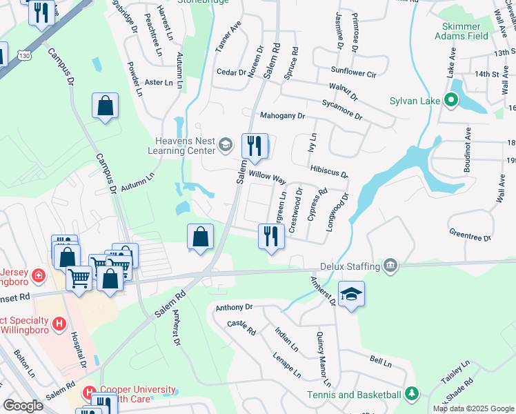 map of restaurants, bars, coffee shops, grocery stores, and more near 1701 Salem Road in Burlington