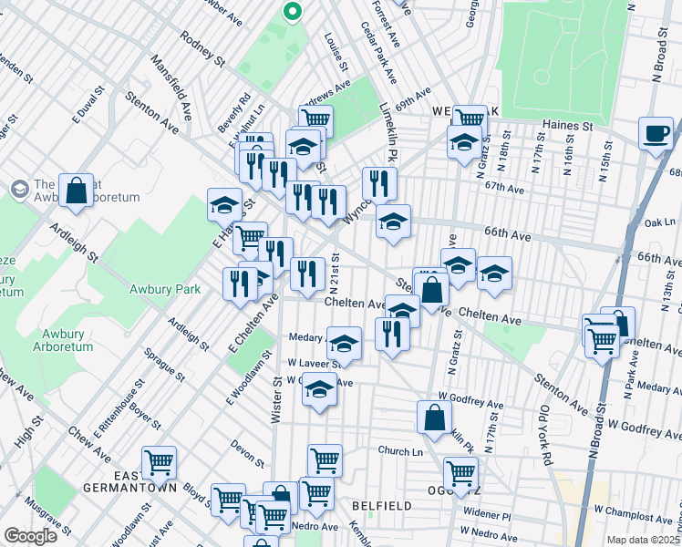 map of restaurants, bars, coffee shops, grocery stores, and more near 2076 West 65th Avenue in Philadelphia
