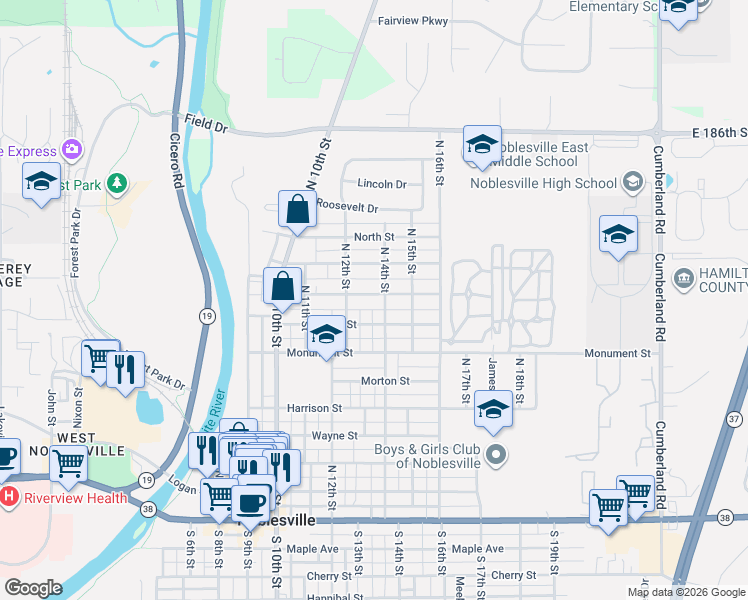 map of restaurants, bars, coffee shops, grocery stores, and more near 1307 Central Avenue in Noblesville