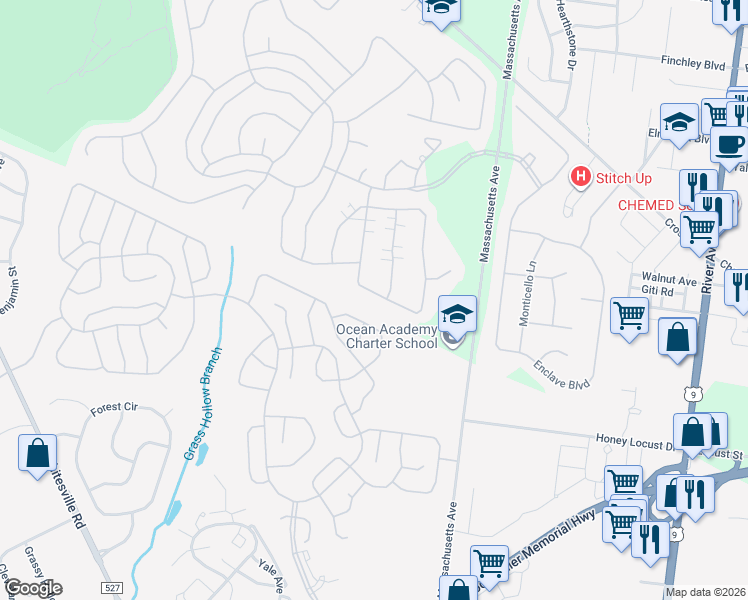 map of restaurants, bars, coffee shops, grocery stores, and more near 50 Foxwood Road in Lakewood