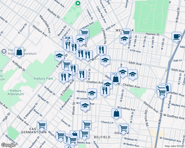 map of restaurants, bars, coffee shops, grocery stores, and more near 2080 West 65th Avenue in Philadelphia