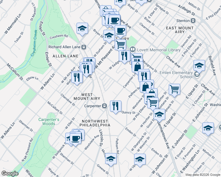 map of restaurants, bars, coffee shops, grocery stores, and more near 222 West Gorgas Lane in Philadelphia