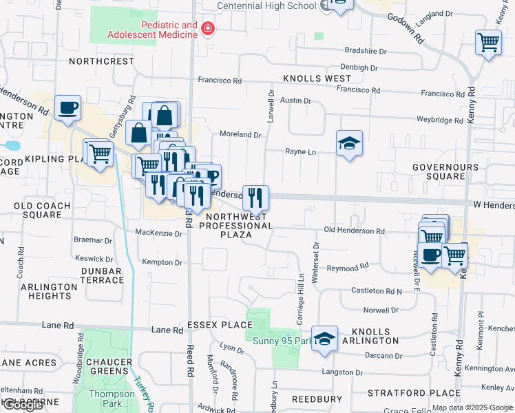 map of restaurants, bars, coffee shops, grocery stores, and more near 4685 Larwell Drive in Columbus