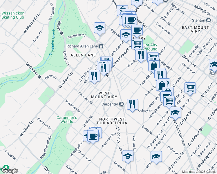 map of restaurants, bars, coffee shops, grocery stores, and more near 7046 Lincoln Drive in Philadelphia