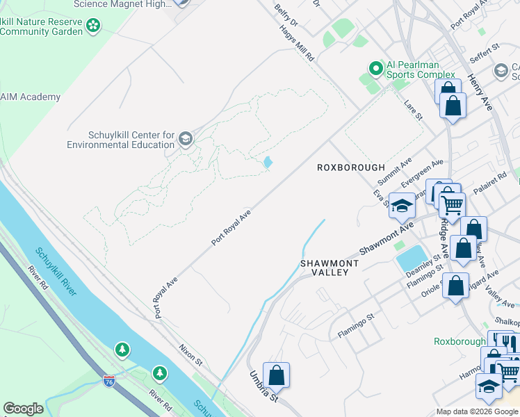 map of restaurants, bars, coffee shops, grocery stores, and more near 385 Port Royal Avenue in Philadelphia