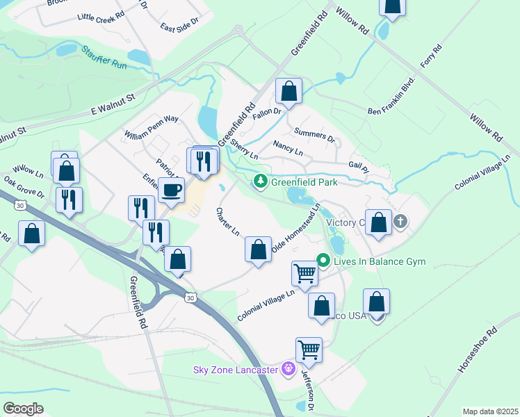 map of restaurants, bars, coffee shops, grocery stores, and more near 1853 William Penn Way in Lancaster