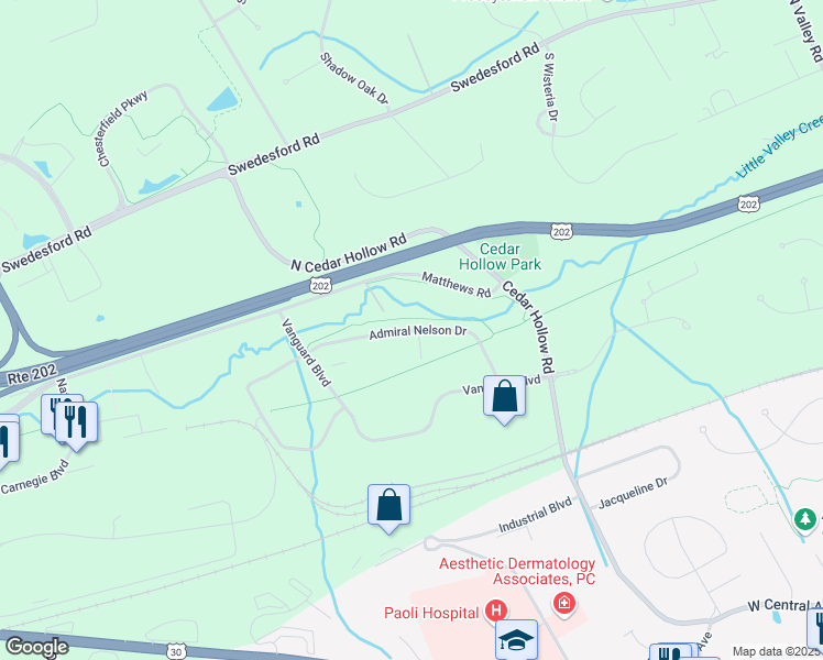 map of restaurants, bars, coffee shops, grocery stores, and more near Admiral Nelson Drive in Malvern