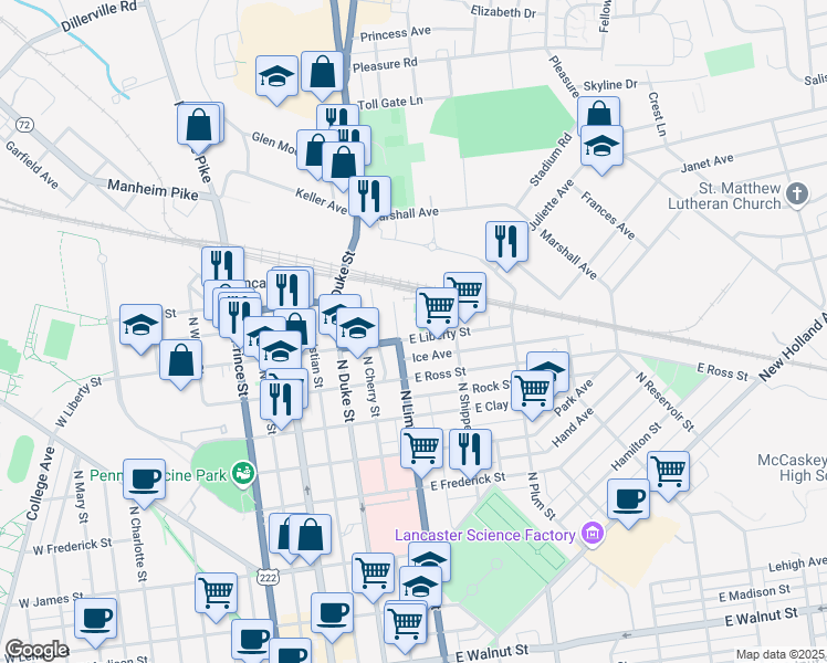 map of restaurants, bars, coffee shops, grocery stores, and more near 219 E Liberty St in Lancaster