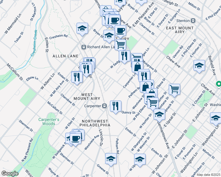 map of restaurants, bars, coffee shops, grocery stores, and more near 234 West Gorgas Lane in Philadelphia