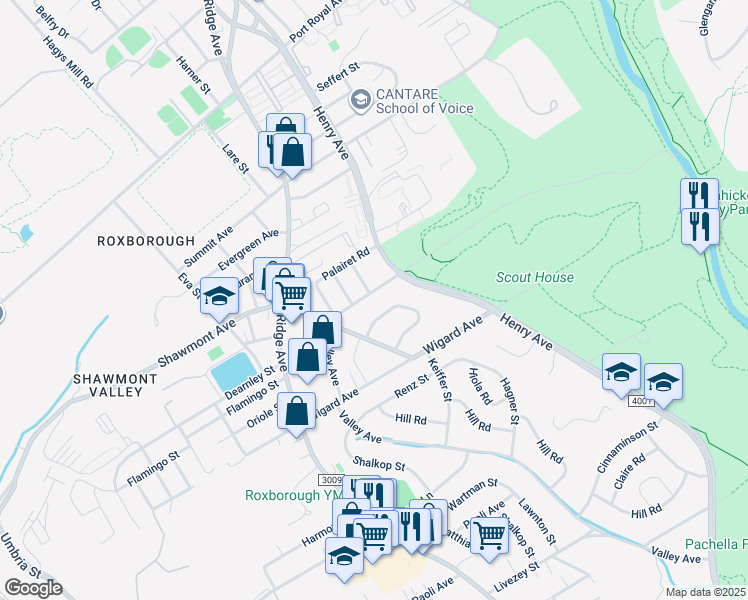 map of restaurants, bars, coffee shops, grocery stores, and more near 627 Wises Mill Road in Philadelphia