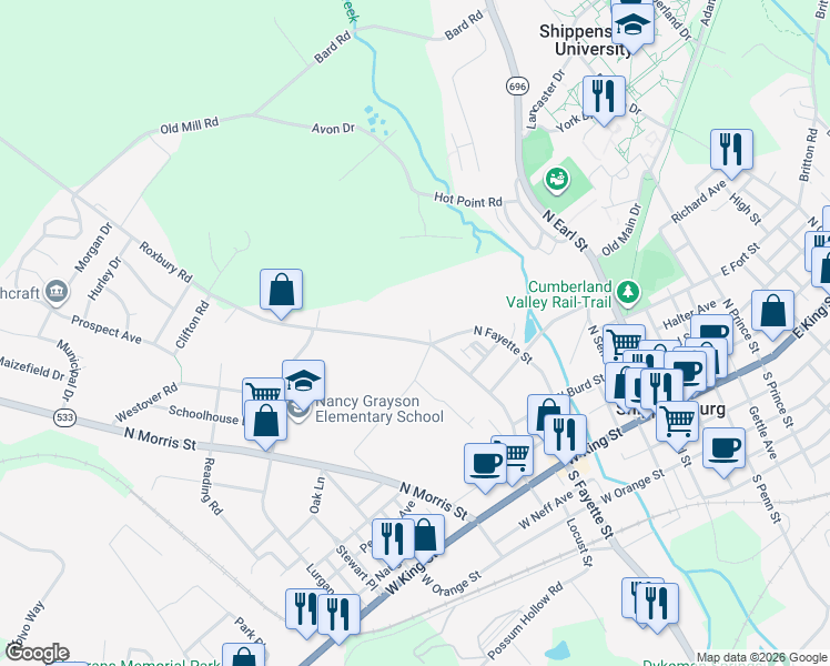 map of restaurants, bars, coffee shops, grocery stores, and more near 303 Roxbury Road in Shippensburg