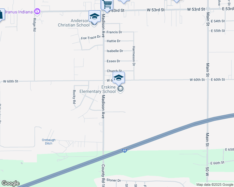 map of restaurants, bars, coffee shops, grocery stores, and more near 811 West 60th Street in Anderson
