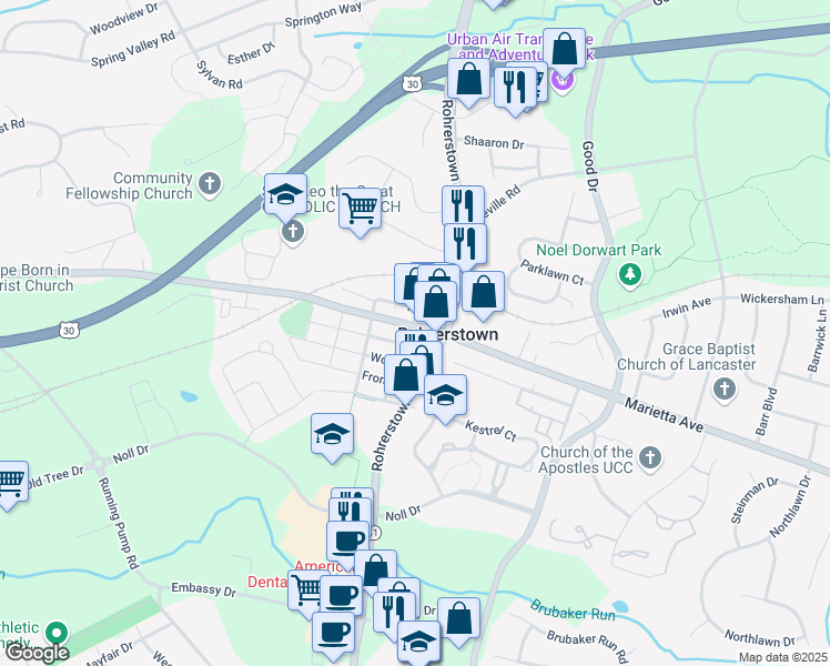 map of restaurants, bars, coffee shops, grocery stores, and more near 2216 Marietta Avenue in Lancaster