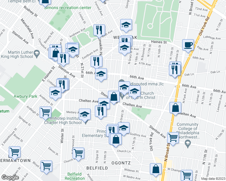 map of restaurants, bars, coffee shops, grocery stores, and more near 1922 West 65th Avenue in Philadelphia