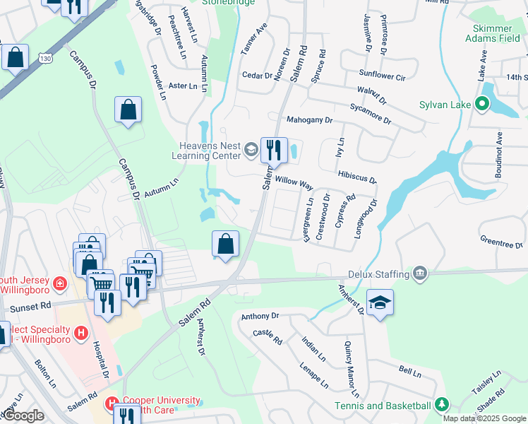 map of restaurants, bars, coffee shops, grocery stores, and more near 1701 Salem Road in Burlington