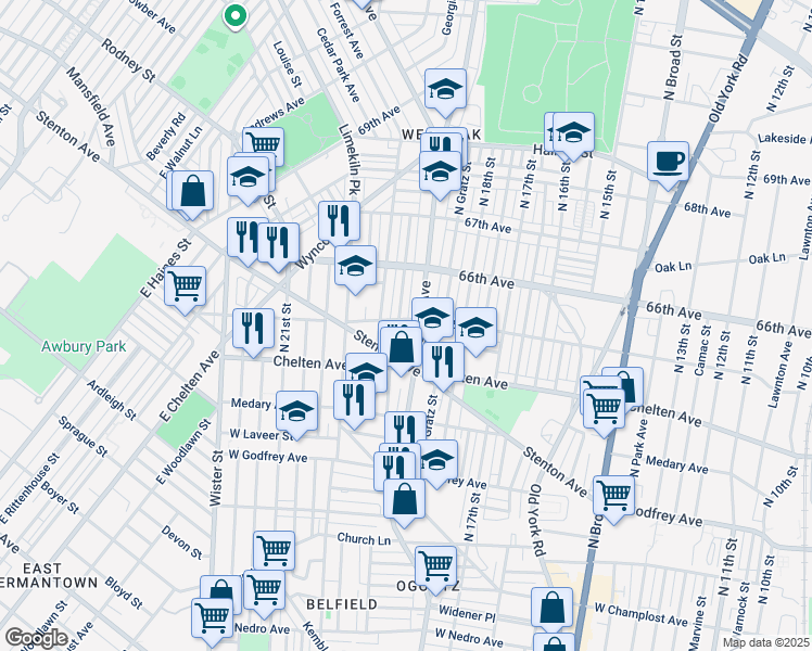map of restaurants, bars, coffee shops, grocery stores, and more near 1912 West 65th Avenue in Philadelphia