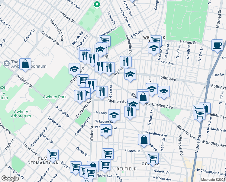 map of restaurants, bars, coffee shops, grocery stores, and more near 2076 West 65th Avenue in Philadelphia